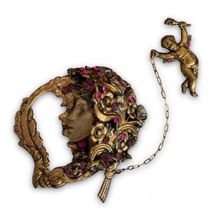 Vintage Women’s Face Cherub Angel Cupid Large Statement Brooch Pin Repousse